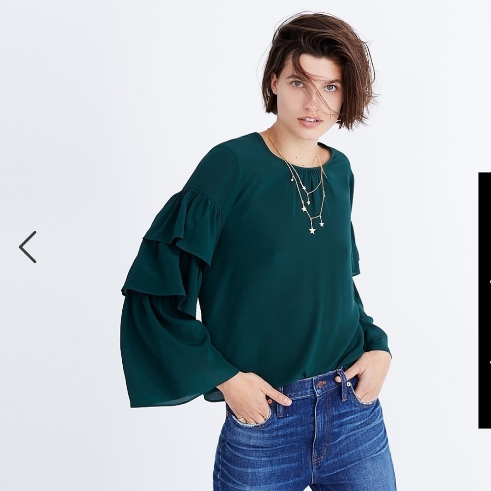 Madewell 100% Silk Deep Green Ruffle Sleeve Blouse
